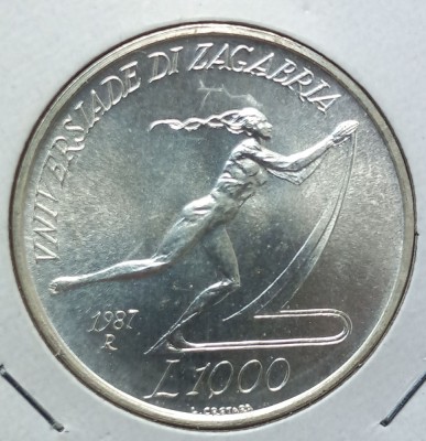 (A369) MONEDA ARGINT SAN MARINO - 1000 LIRE 1987, JOCURILE UNIVERSITATII ZAGREB foto