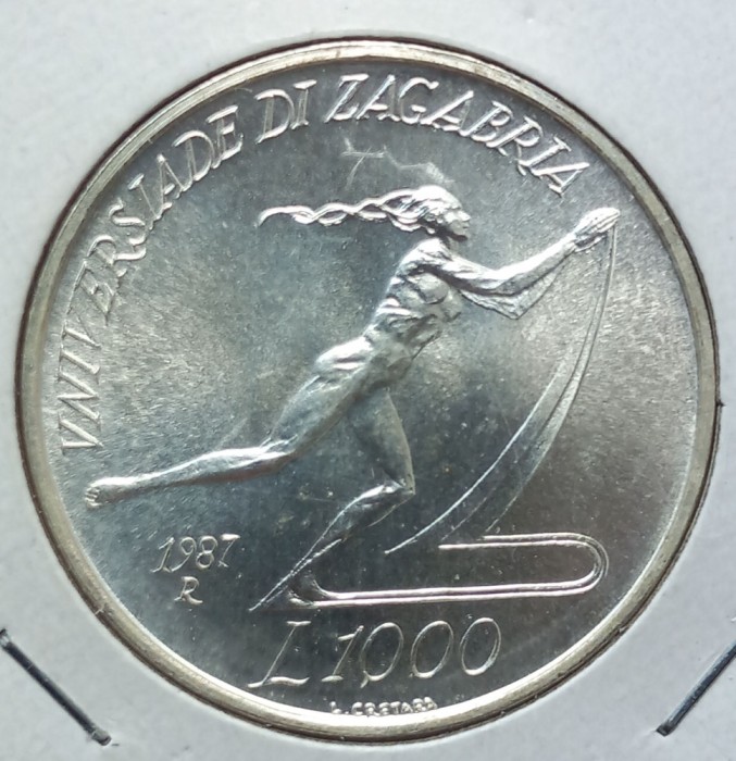 (A369) MONEDA ARGINT SAN MARINO - 1000 LIRE 1987, JOCURILE UNIVERSITATII ZAGREB