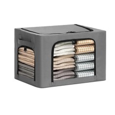 Cutie de Depozitare, cu 3 Ferestre cu Fermoar Bidirectional, Cadru din Otel, Impermeabil, 38L, 42 x 30 x 30 cm, Gri Inchis