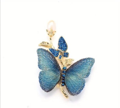 Brosa eleganta vintage fluture cu pietricele si perla, albastru, 6,5*4,5 cm foto