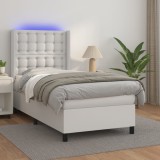 VidaXL Pat cu arcuri, saltea și LED, alb, 90x190 cm, piele ecologică