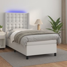 vidaXL Pat cu arcuri, saltea și LED, alb, 90x190 cm, piele ecologică 3139356