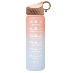 Sticla apa gradata Pufo Motivational pentru sport, fitness, antrenamente, cu pai inclus, 500 ml, roz/albastru