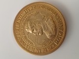 medalie bronz placat cu aur, 75 de ani de la unirea Transilvaniei cu Patria Mama , Ferdinand I , Intregitorul Tarii .EXPOZITIA FILATELICA ,