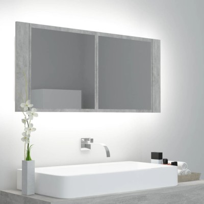 vidaXL Dulap de baie cu oglindă &amp;amp; LED, gri beton, 100x12x45 cm acril foto