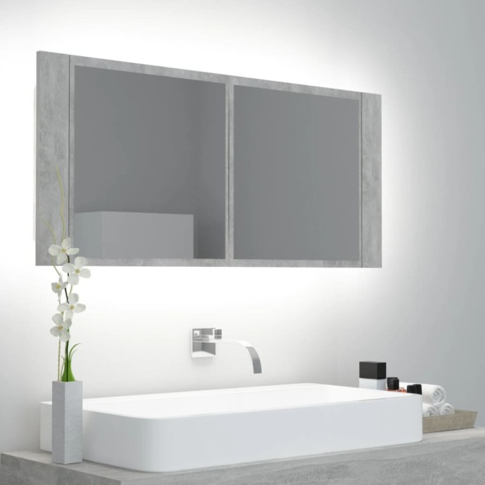 vidaXL Dulap de baie cu oglindă &amp; LED, gri beton, 100x12x45 cm acril