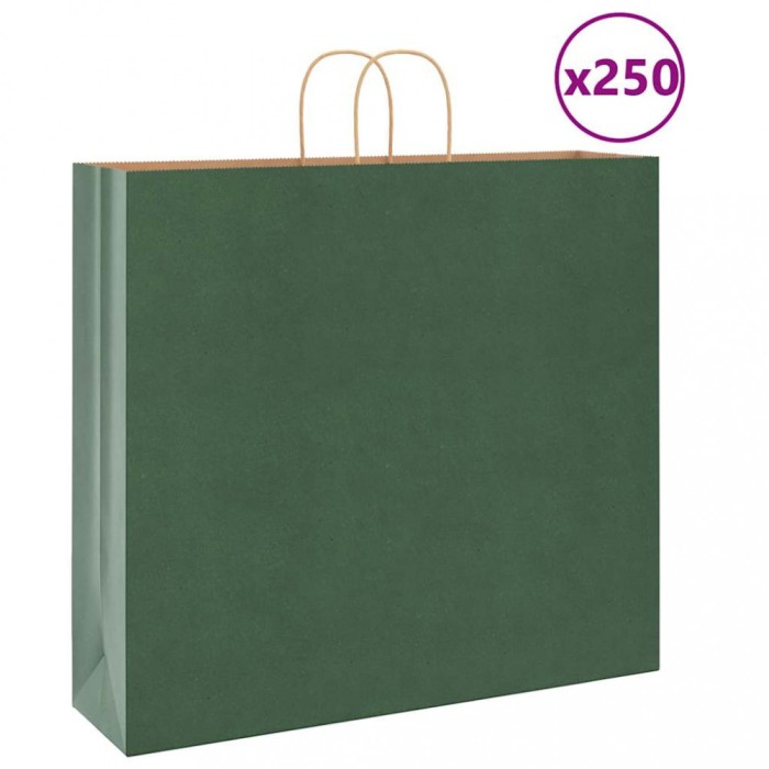 vidaXL Pungi de h&acirc;rtie 250 buc cu m&acirc;nere verde 54x15x49 cm 4101738