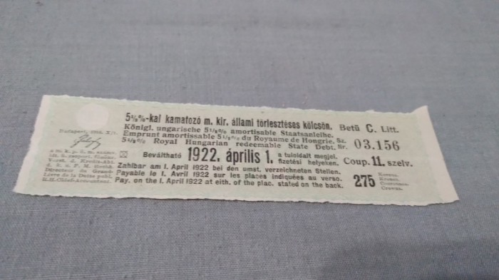 CUPOANE /BON DE TREZORERIE CU REDUCERE 1922 UNGARIA
