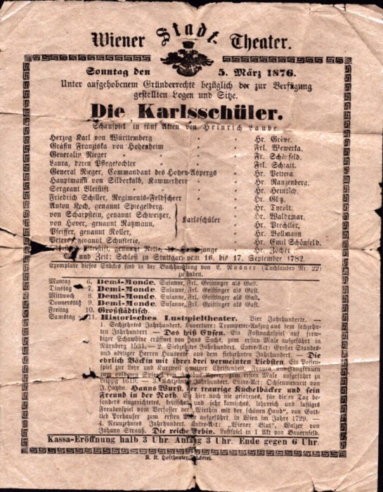A3205N Die Karlsch&uuml;ler, 1876, program Wiener Stadt Theater