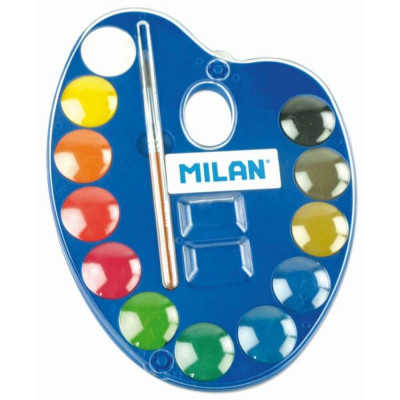 Paleta Acuarele cu Pensula MILAN, 12 Culori in Pastile Compacte, Diametrul Pastilei 25 mm, Acuarele Scoala, Acuarele Pictura, Paleta de Acuarele, Set foto