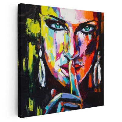 Tablou portret pictura in ulei femeie misterioasa, multicolor 1393 Tablou canvas pe panza CU RAMA 30x30 cm foto