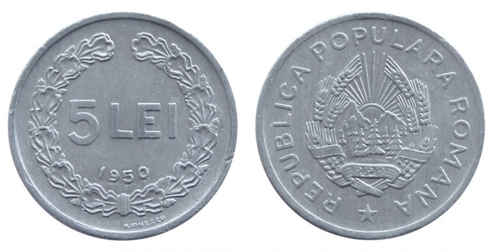 q387 ROMANIA 5 LEI 1950 ALUMINIU STARE XF+