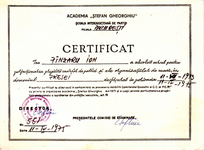 AMS @ - CERTIFICAT ACADEMIA STEFAN GHEORGHIU pt. PRESA 1973-1975