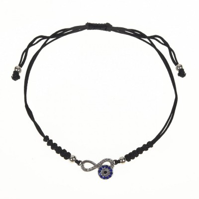Brățară Damă Infinity, Cordon Negru, Decor Ochi Bleu, Strass Argintiu foto