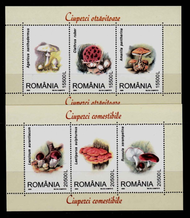 RO 2003 ,LP 1616 a , &quot;Ciuperci&quot; , serie triptic , colitele 332+333, MNH