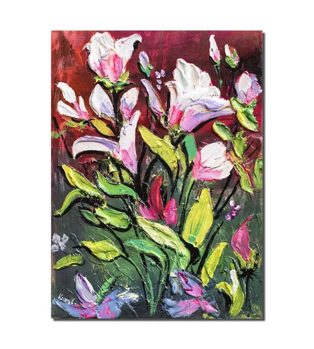 Tablou flori stilizate pictat manual, 40x30cm acril in cutit efect 3D, Kenny Varniote