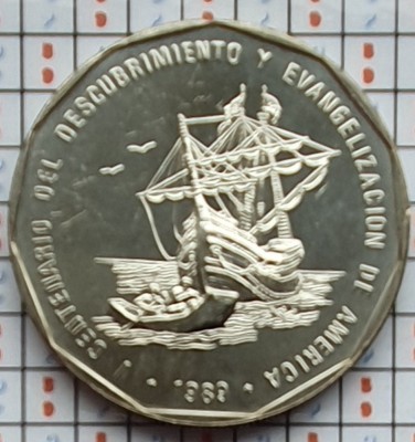 Republica Dominicana 1 Peso 1989 UNC - Sailship landing - km 74 - A027 foto