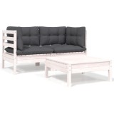 Gossi set mobilier de gradina cu perne, 3 piese, alb, lemn masiv pin