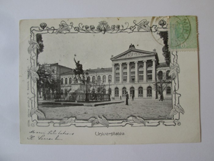 Rara! București-Socecu:Universitatea,carte poș.cir.TCV 1904 stamp.rara Mihaileni