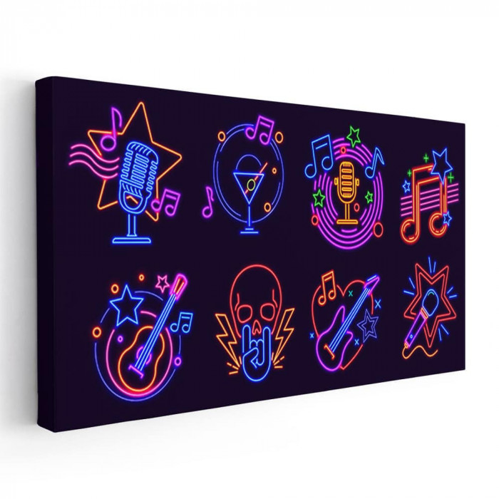 Tablou ilustratie simboluri neon muzica mov 2144 Tablou canvas pe panza CU RAMA 70x140 cm