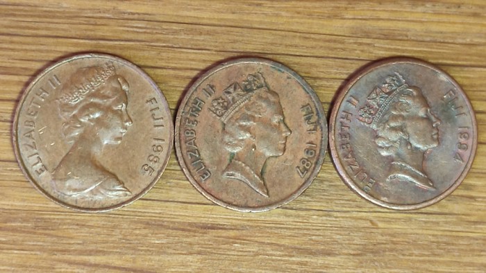 Fiji - set de colectie exotic - 3 monede 1 cent: 1985 1987 1994 - 3 busturi diferite - KM# 27, 49, 49a - Elisabeta II - superbe !
