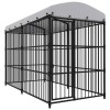 Padoc caini exterior vidaXL cu acoperis, 300x150x210cm, negru, tarc metalic, cusca protectie, poarta blocabila