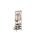 Suport de colț pentru haine si pantofi EMC ONSHOP&reg;, cuier stativ metalic, 3 rafturi pentru &icirc;ncălțăminte și 4 c&acirc;rlige duble, 185 x 54 x 40 cm, Negru