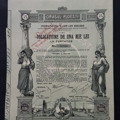 Obligatiune orasul Ploiesti 1000 lei 1910 , titlu , actiune