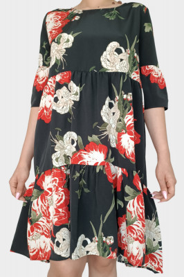 Rochie de lungime medie cu imprimeu floral si volane, multicolor, XS foto