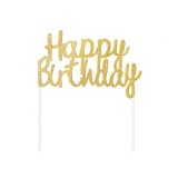 Topper din hartie pentru tort Happy Birthday auriu 11 x 14 cm