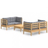 Set mobilier gradina cu perne gri, 5 piese, lemn masiv de pin