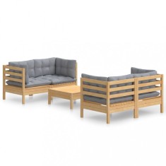 Set mobilier gradina cu perne gri, 5 piese, lemn masiv de pin