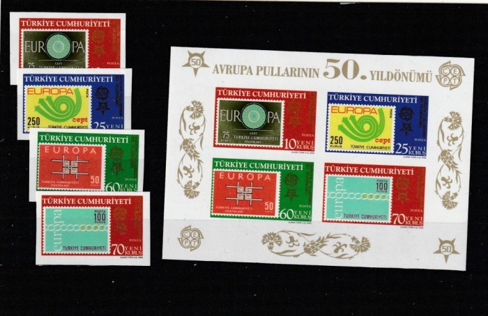 Turcia 2005 - 50 ani Europa CEPT,serie 4 valori nedantelate si bloc 4 valori nedantelate,MNH.Mi.3495-3498 , Bl.59