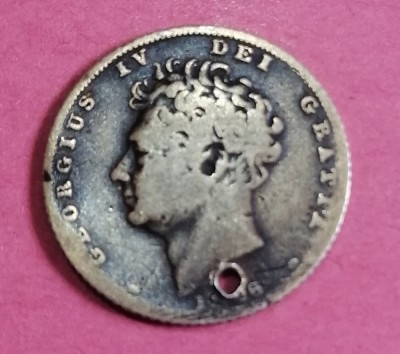 Monedă argint 6 pence 1826 deteriorată foto