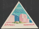 Romania anii 70 - Vigneta de bagaje Hotel Carpati (tip 3) din Brasov, ONT Carpati, eticheta hoteliera, promovare turistica