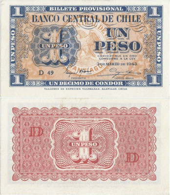 1943 ( 3 III ) , 1 peso ( P-90d ) - Chile - stare UNC foto