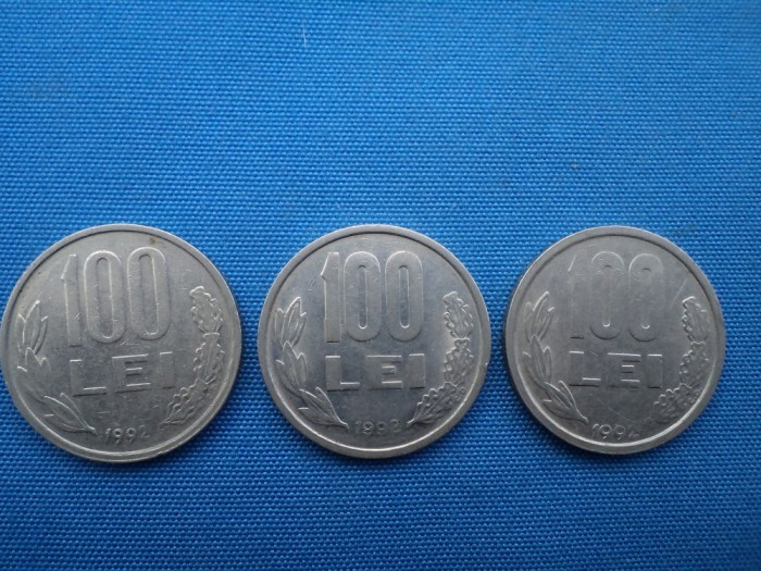 LOT 100 LEI 1992 (TREI VARIANTE/COADA CIFRELOR 9 ROTUNJITA,DREAPTA ,ANUL TANGENT PE MARGINEA MONEDEI )