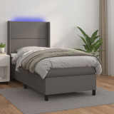 VidaXL Pat cu arcuri, cu saltea și LED, gri, 90x200 cm, piele eco