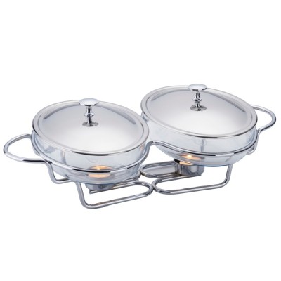 Chafing dish dublu / Vase termorezistente cu incalzitoare, 3 litri, capac si suport otel inoxidabil foto