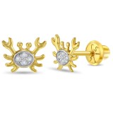 Cercei din Aur 14K in 2 culori pentru Bebelusi si Copii, model Crab Curios cu Pietre CZ albe, inchidere cu Filet si Protectie