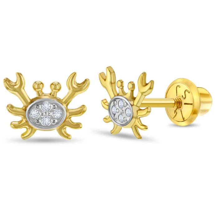Cercei din Aur 14K in doua culori pentru Bebelusi si Copii, model Crab Curios cu Pietre CZ clare, inchidere cu Filet si Protectie