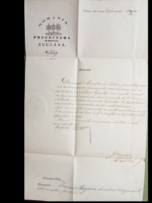 Scrisoare trimisa de prefectul de Suceava senatorului Iancu Prajescu 1871