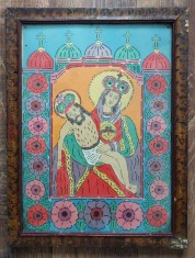 Icoană veche populară Maica Domnului cu Iisus Piet&agrave; Populară, Rom&acirc;nia Transilvania interbelică, imprimare tipografică 44 &times; 34 cm rama lemn