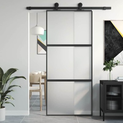 vidaXL Ușă glisantă, negru, 90x205 cm, sticlă securizată și aluminiu foto