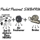 Set Cadou Pasionati Subaru , 13 Stickere Personalizate, Breloc 3D si Air Freshener Roata 3D
