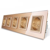Priza cvintupla - 5 x priza simpla Livolo VL-C7-C5EU-13, incastrat, contact de protectie, rama din sticla inclusa, auriu