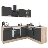 Mobilier de bucătărie de colț Yorki 220, cu corp din stejar Sonoma, fațade antracit cu finisaj satinat, cu element inferior pentru cuptor, fără blat d