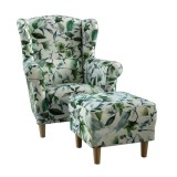 Cumpara ieftin Set fotoliu cu taburet tapiterie textil model frunze verzi Astrid 86x72x105 cm