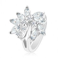 Inel strălucitor, argintiu, floare asimetrică formată din zirconii, linii arcuite lucioase - Marime inel: 59, Culoare: Transparent