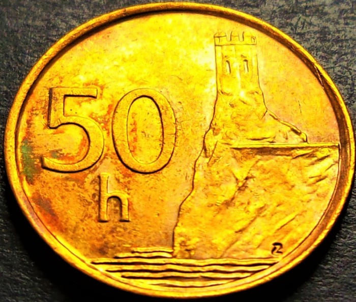 Moneda 50 HALERU - SLOVACIA, anul 2001 * cod 1308 = patina curcubeu